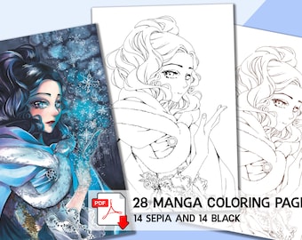 28 Manga Coloring Pages, Printable Coloring Sheets, big pack, digital art, traditional art, magical, bautiful