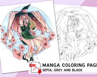 Manga Coloring Pages | Magical Flower Witch | Printable Coloring Sheets, big pack, digital art, traditional art, magical, bautiful