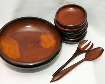 7 Piece Mahogany Handcrafted Wooden Salad Bowl Serving Set  - Vintage Home Kitchen Decor