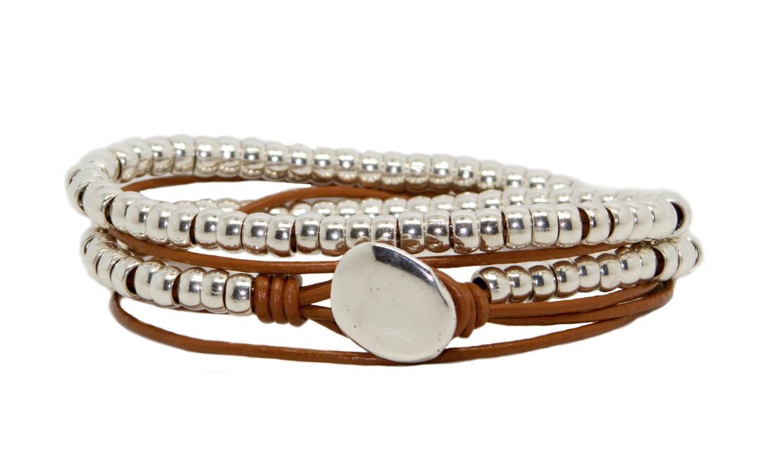 Chunky Silver Beads on Tan Leather Wrap Bracelet Etsy UK