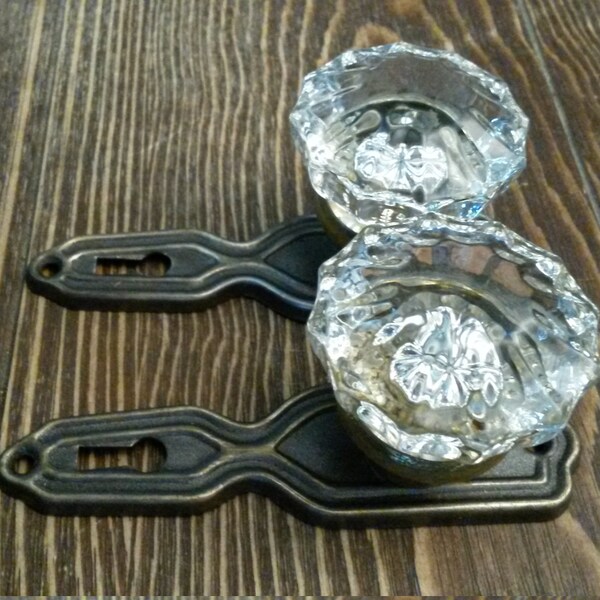 Antique Dummy Door Knobs, 12 Point Fluted Glass Door Knobs on Antique Door Plates, Pair of 2 Each, ca 1924