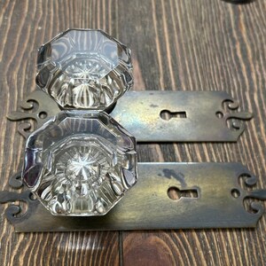 Antique Door Knobs, Dummy Knobs, Octagonal Glass Knobs on Heavy Wrought Brass Colonial Style Door Plates, Set of 2 Ea w- Screws, c 1905
