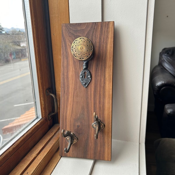 Rustic Coat Rack, Antique Door Knob Coat Rack, Antique Door Knob and Eastlake Hooks on Oregon Black Walnut