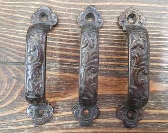 Drawer Pulls, Antique Drawer Pull Handles, Cast Iron Eastlake Foliate Design, Set of 3 Each, ca 1890