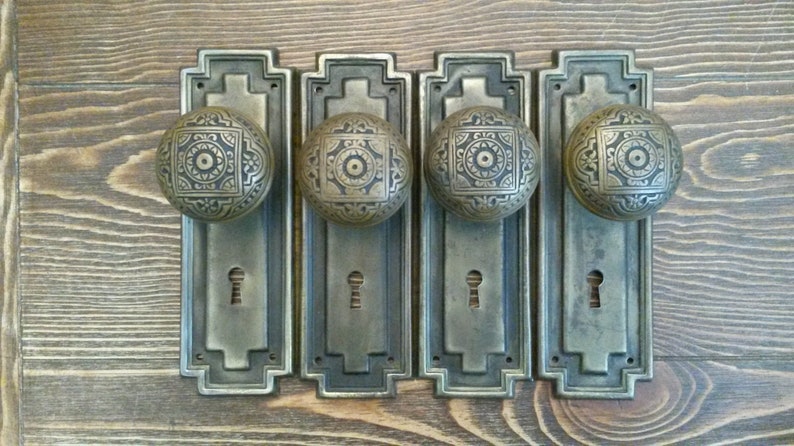 Antique Dummy Door Knobs Cast Bronze Eastlake Corbin Fourfold On Reading Althena Door Plates Set Of 4 Each Ca 1885