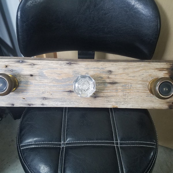 Antique Coat Rack, Door Knob Coat Rack, Antique Glass and Brass Knobs on Actual 1890 Oregon Salvaged Fir Salvaged Wood, Rustic Farmhouse