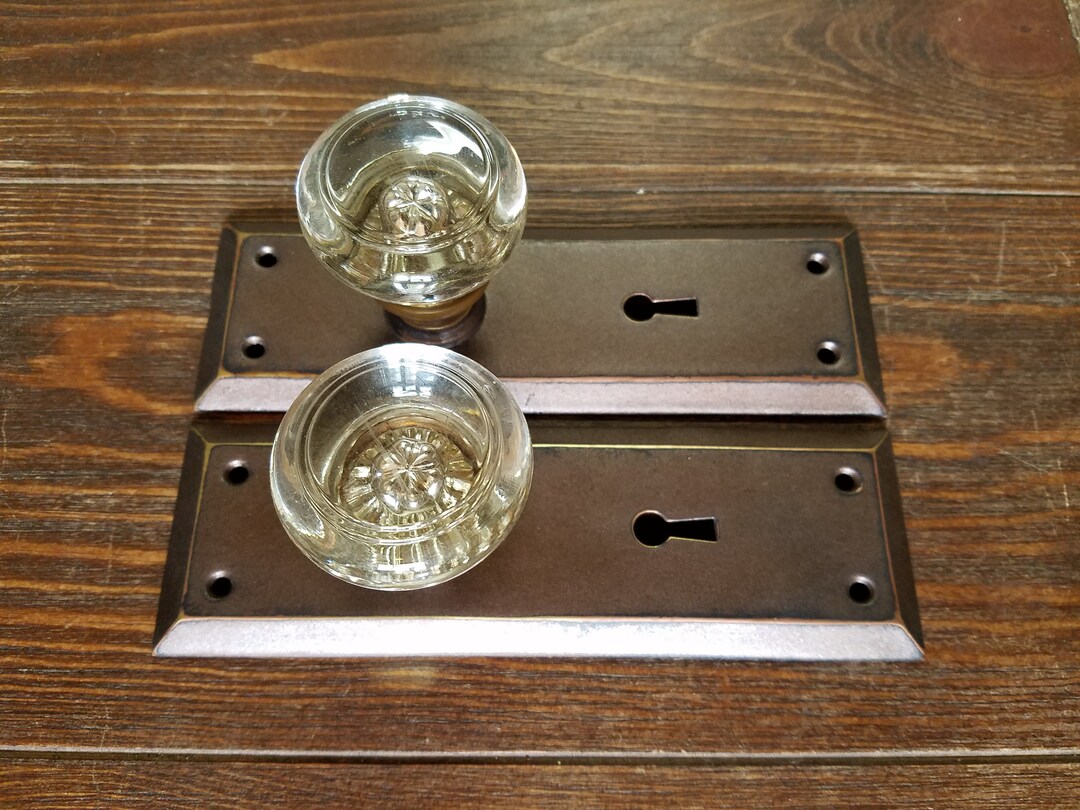 Antique Door Knobs, Dummy Knobs, Round Glass on Wrought Steel Portland Style Door Plates, Set of