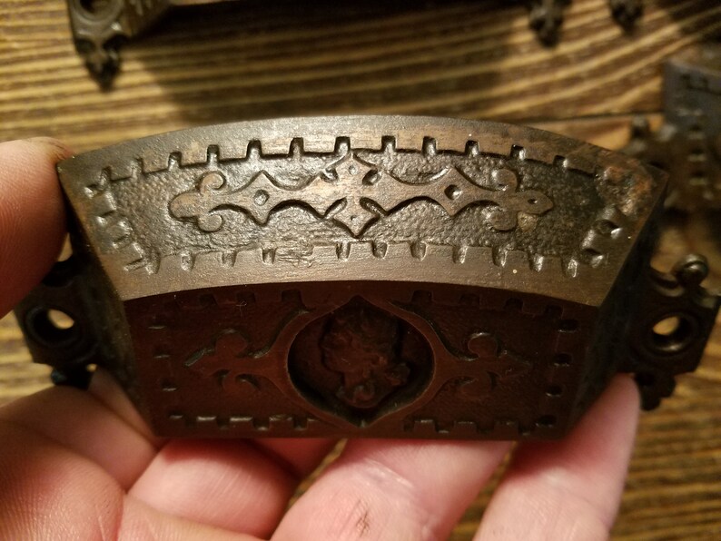 Antique Drawer Bin Pulls Set of Cast Iron Copperflashed Etsy