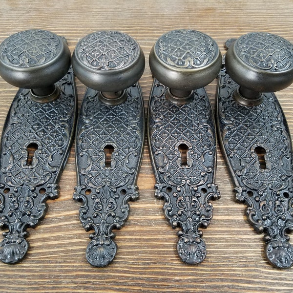 Door Knobs, Antique Dummy Door Knobs, Cast Iron Reading Castella Design with Door Plates, Set of 4 Each with Screws, ca 1899