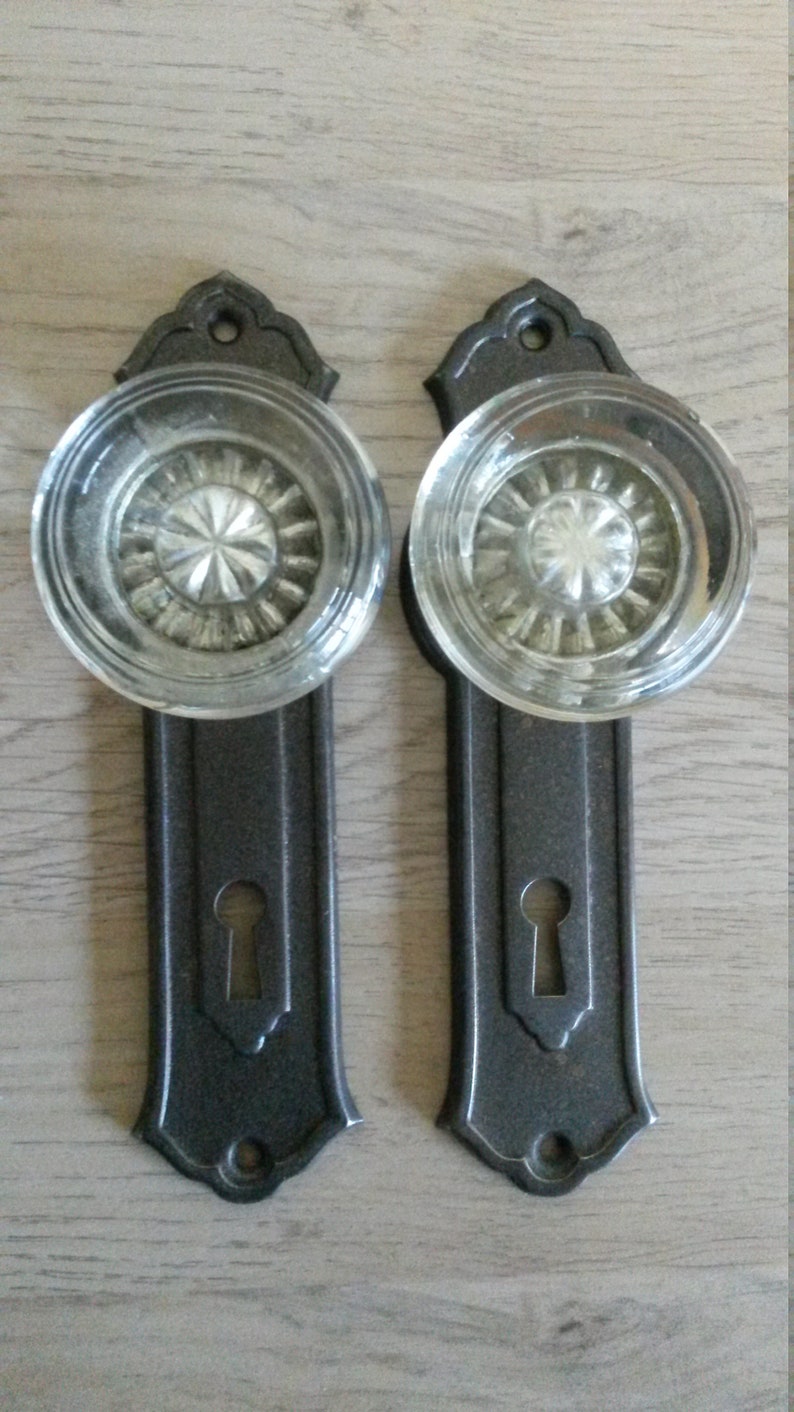 Antique Dummy Door Knobs ca 1925 Pair of 2 Each Round Glass Door Knobs on Reading Darby Wrought Steel Plates
