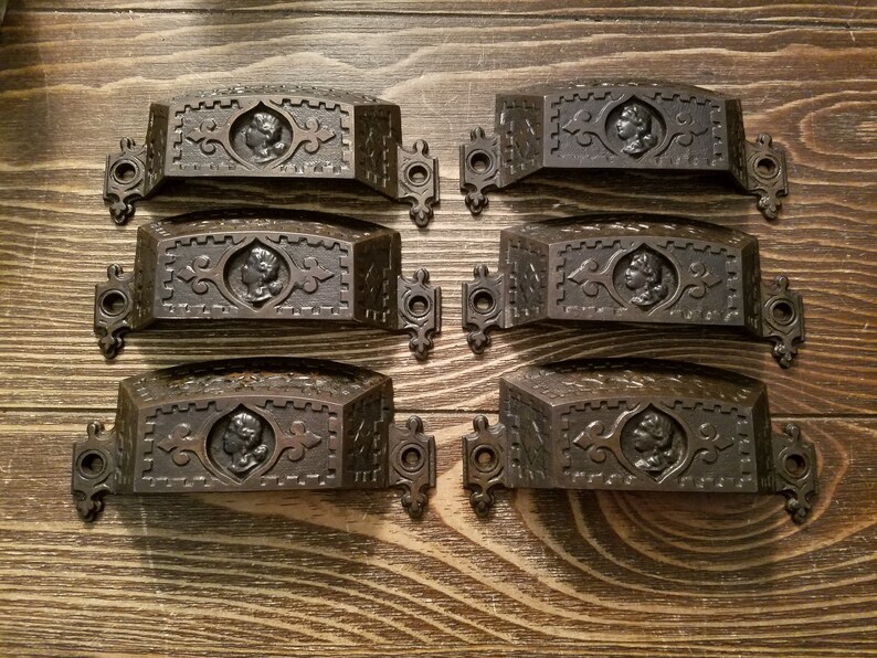 Antique Drawer Bin Pulls Set of Cast Iron Copperflashed Etsy