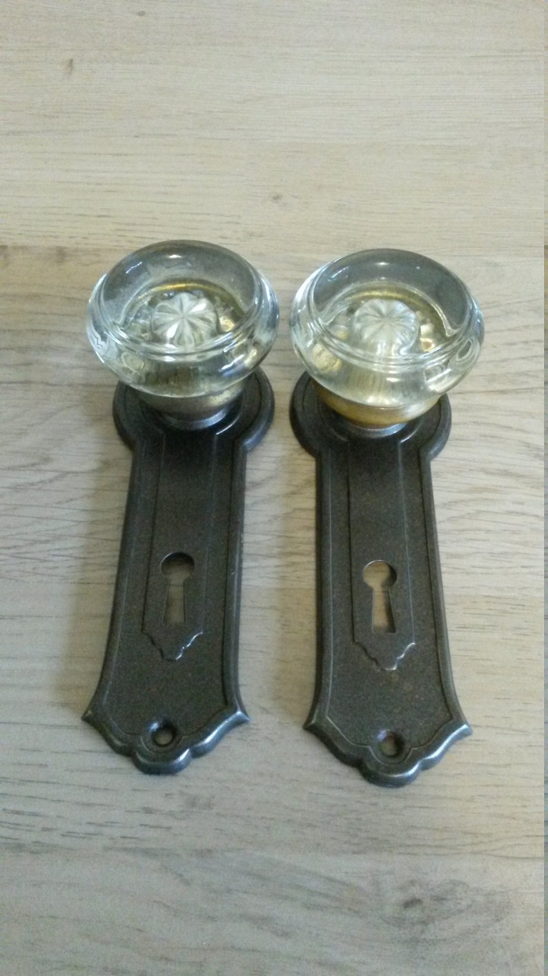 Antique Dummy Door Knobs ca 1925 Pair of 2 Each Round Glass Door Knobs on Reading Darby Wrought Steel Plates