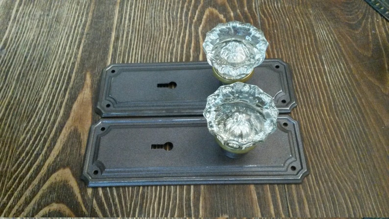 Antique Dummy Door Knobs 12 Point Fluted Glass On Hartsdale Design Wrought Steel Plates Set Of 2 Each Ca 1915