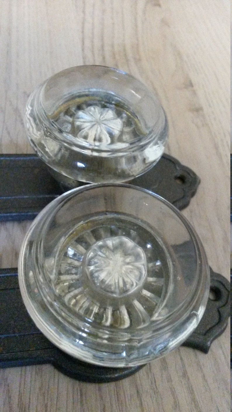 Antique Dummy Door Knobs ca 1925 Pair of 2 Each Round Glass Door Knobs on Reading Darby Wrought Steel Plates