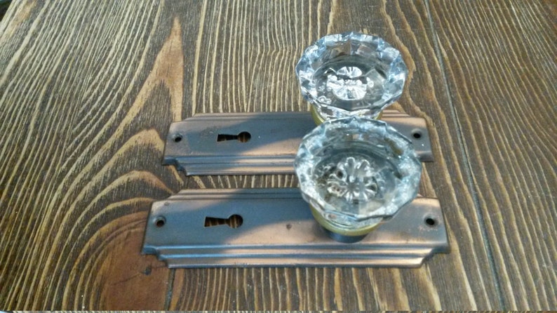 Antique Dummy Door Knobs 12 Point Fluted Glass On Wrought Steel Japanned Art Deco Plates Set Of 2 Each Ca 1928