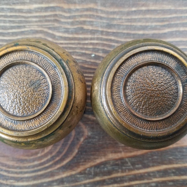 Antique Door Knobs, Dummy Knobs, Antique Cast Bronze Concentric Radial Knobs on Cast Brass Rosettes, Set of 2 Each with Screws, ca 1910