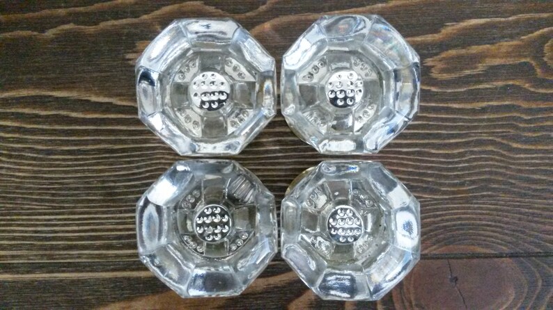 Antique Glass Octagon Knob Set with Polished Brass Rosettes