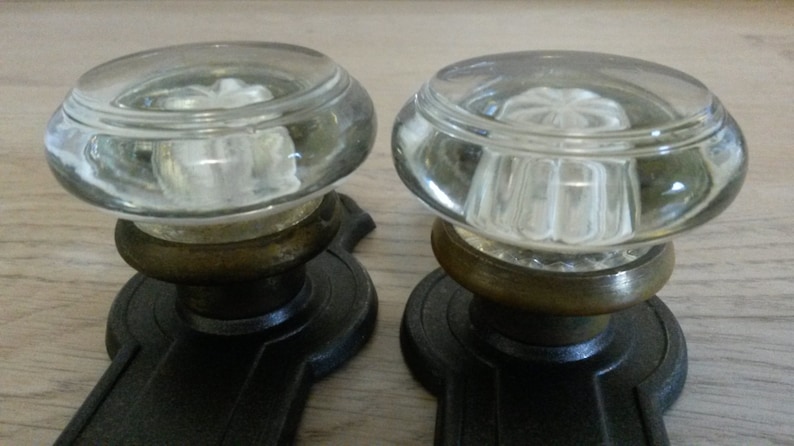 Antique Dummy Door Knobs ca 1925 Pair of 2 Each Round Glass Door Knobs on Reading Darby Wrought Steel Plates