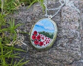 Poppies meadow oval pendant, embroidered locket necklace, silver oval locket, memory locket, gift for nature lover, rural viev gift