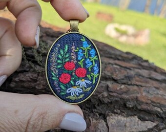 Embroidered pendant, wild flowers, garden necklace, Night meadow, Gift for her, Vintage, Antique, Needlework Jewelry, needlepainting