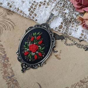 Luxury Embroidered pendant, Victorian rose necklace, Oval,  gothic jewelry, hand embroidery, Tibetan silver tone