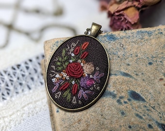Bronze flower necklace. Hand embroidered pendant. Gift for her, luxury necklace. Needlework Jewelry Embroidered Pendant