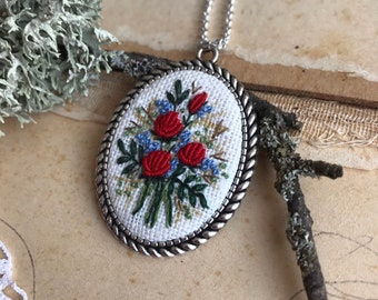 Embroidered Red roses necklace, Retro vintage style pendant Gift for her,  antique, needlework, hand - painted jewelry, mixed media