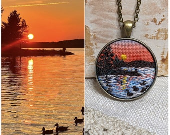 Custom Landscape necklace, free shipping, embroidered pendant, embroidery countryside, Embroidered jewelry, Embroidered necklace, needlework