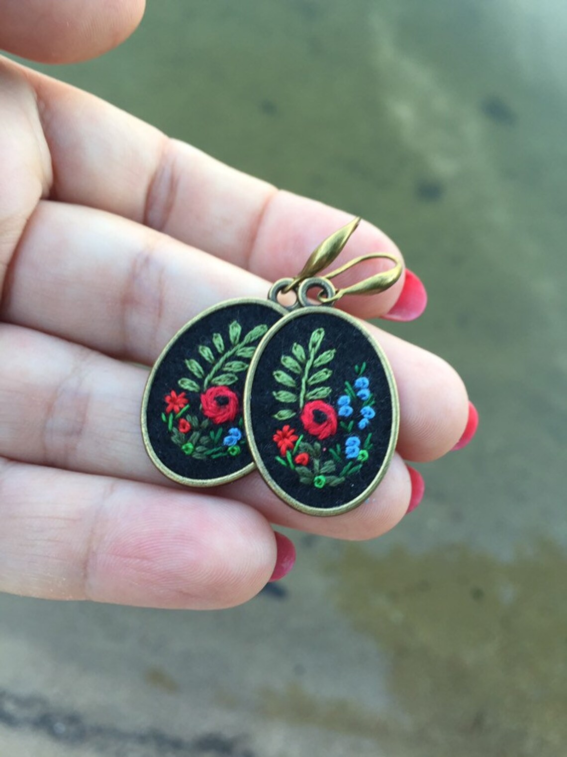 Floral Embroidered Earrings Boho Style Hand Embroidery Etsy