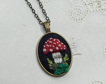 Fairycore amanita pendant, Red fly agaric necklace, 3D hand embroidery mushroom necklace, mushroom forest pendant, grunge amanita jewelry,
