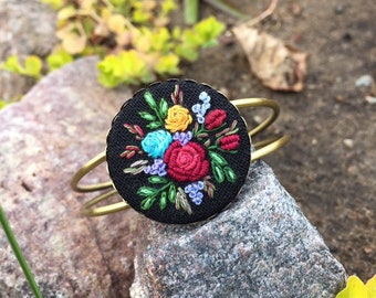 OOAK embroidered bracelet, cuff bangle bracelet, hand embroidery bracelet, adjustable embroidery bracelet, in vintage style,