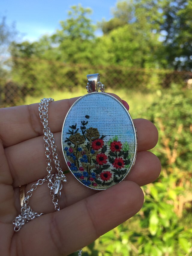 Floral, Meadow Necklace, Pendant, Embroidered Jewelry, Silwer Tone ...