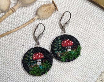 Fantasy embroidered Earrings, Forest aesthetic earrings, Mushroom botanical earrings, Forest Fairycore jewelry, Gift for nature, moss lovers
