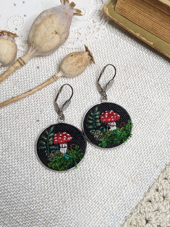 Fantasy embroidered Earrings, Forest aesthetic earrings, Mushroom botanical earrings, Forest Fairycore jewelry, Gift for nature, moss lovers