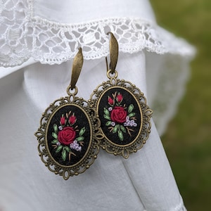Handmade Red Rose Embroidered Earrings, Antique Bronze Jewelry, Romantic Floral Earrings, Folk Art Handmade Gift, Victorian Textile Jewelry