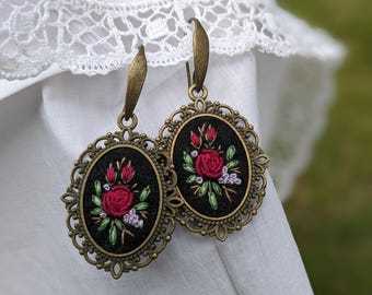Handmade Red Rose Embroidered Earrings, Antique Bronze Jewelry, Romantic Floral Earrings, Folk Art Handmade Gift, Victorian Textile Jewelry