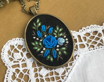 Embroidered blue roses necklace, Retro, vintage style pendant, Gift for her, Antique, Needlework, Embroidered Pendant, brass jewelry.