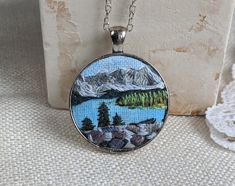 Embroidered mountains pendant necklace, mountain range necklace, gift for a Traveler, for mountains landscape lovers, landscape jewelry