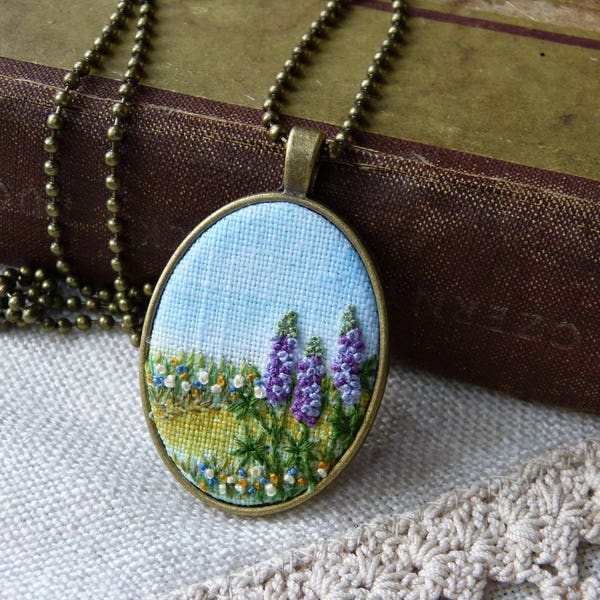 Embroidered necklace, Landscape pendant, wildflower, embroidery plants, lupine, Herbs, brass tone, needlework, floral meadow, hand-painted,