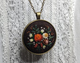 Autumn Embroidered Necklace, fall color pendant, embroidered woodland jewelry, bronze jewelry, large round pendant,  gift for autumn lovers