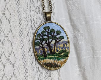 Embroidery necklace,  Landscape Africa, pendant, Embroidered jewelry, Bronze tone needlework, hand embroidered