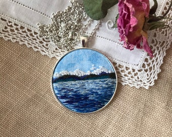Embroidered sea necklace, sea landscape pendant, Embroidery landscape, sea jewelry, ocean pendant, Hand-painted pendant, Gift for sea lover