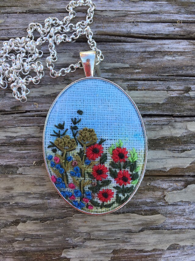 Floral, Meadow Necklace, Pendant, Embroidered Jewelry, Silwer Tone ...