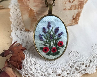 Embroidered poppies pendant, levender necklace, needlework, gift for her, wildflower, herbs pendant, herbal jewelry, hand - painted pendant,