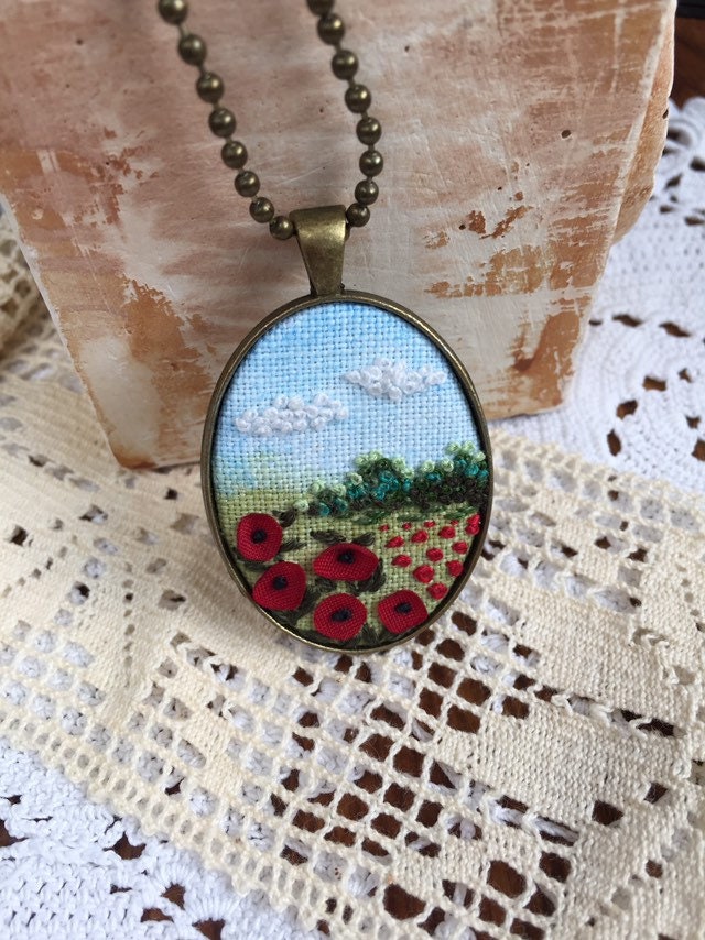bronze Embroidery 3D poppy meadow painted Gift for her Brass Jewelry hand Needlework Floral pendant Embroidered poppies necklace