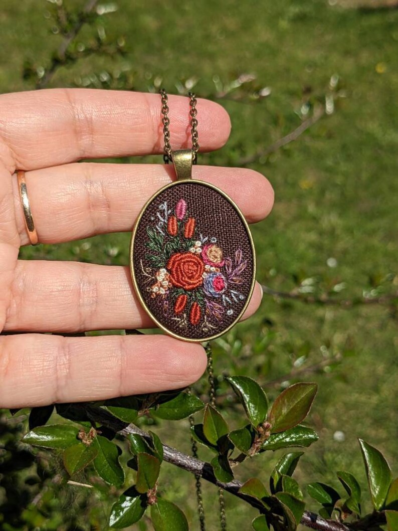Bronze Flower Necklace. Hand Embroidered Pendant. Gift for Etsy UK
