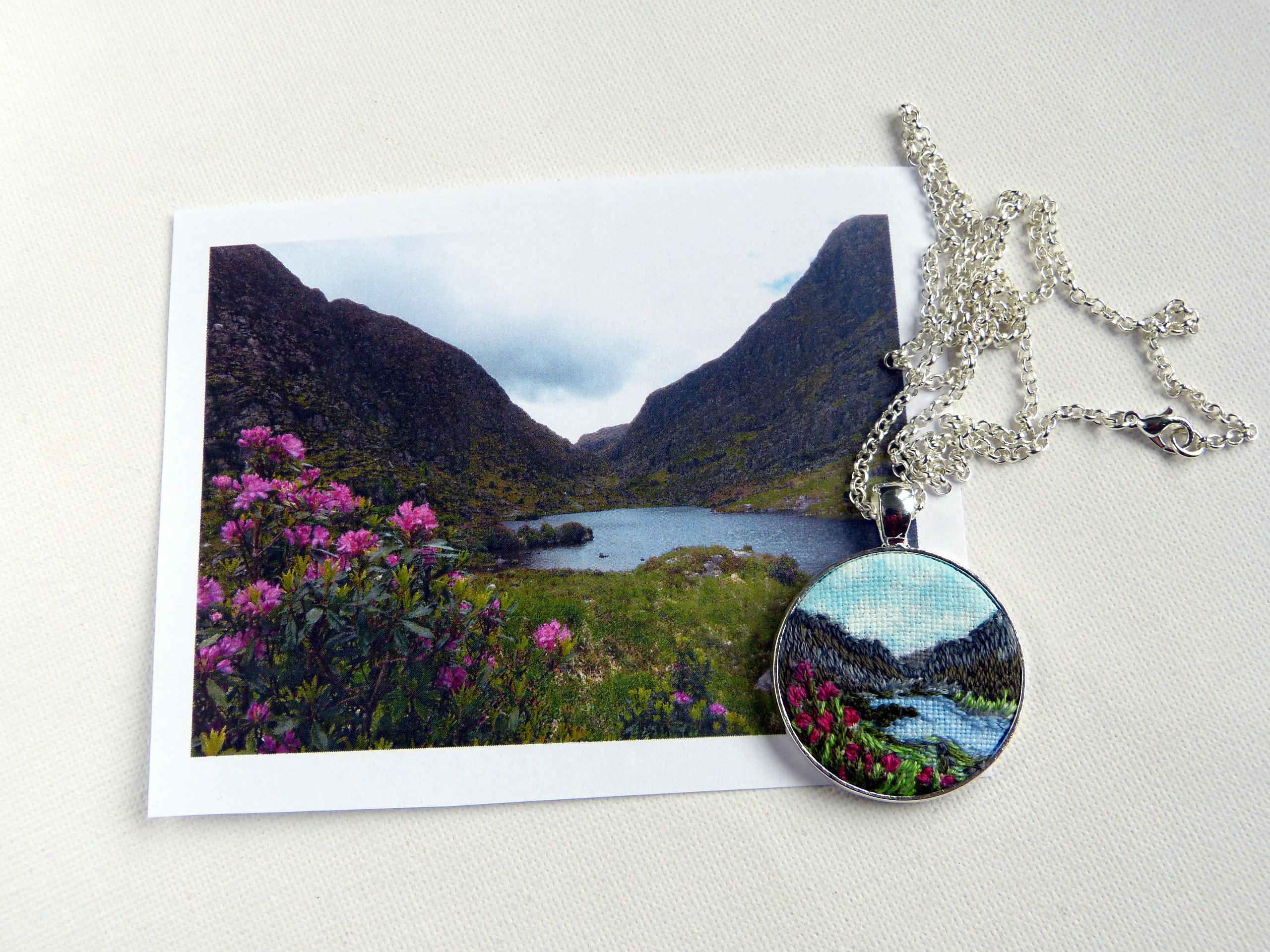 Custom embroidered landscape necklace, embroidered pendant, embroidery countryside jewelry, embroidered necklace, gift for best friend