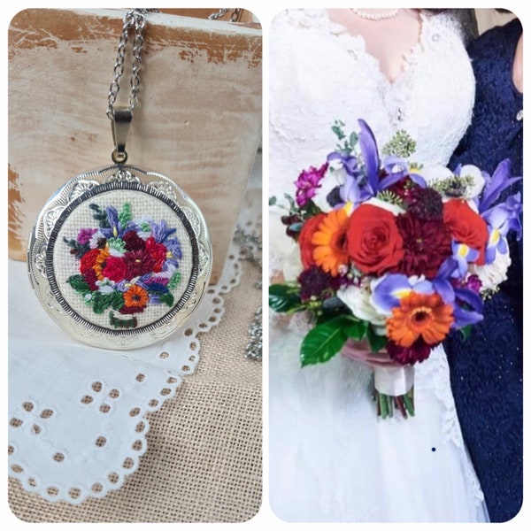 Custom embroidered wedding bouquet, Custom bridal bouquet necklace, embroidered bouquet pendant