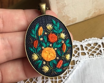 Embroidered gold roses necklace Retro vintage style pendant Gift for her to look like Vintage Antique Needlework Jewelry Embroidered Pendant