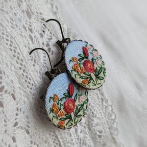 Embroidered earrings, hand-embroidered, vintage jewelry, wild herbs, retro jewelry, needle-embroidered wildflowers.